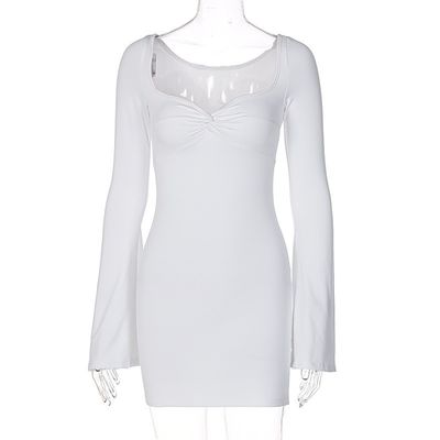 Cor sólida Vestido apertado Colarinho quadrado Branco Salto alto Vestido apertado Manga larga