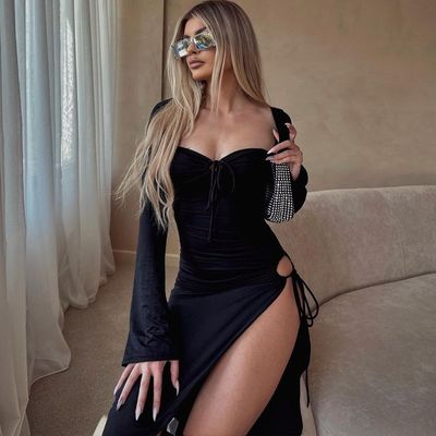 Pacote Manga Longa Vestido de Quadril Sexy Hottie Halter Vestido de cintura Preto Apertado