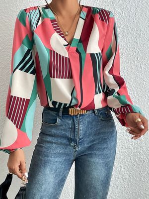 Impressão Geométrica Decal T-Shirt Dacron Manga Longa Top Para Mulheres