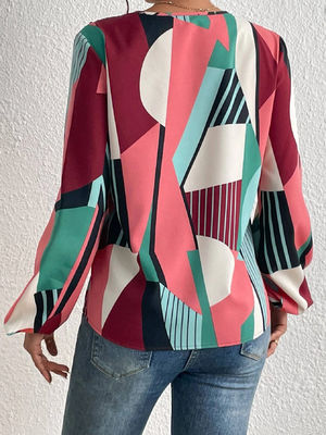 Impressão Geométrica Decal T-Shirt Dacron Manga Longa Top Para Mulheres
