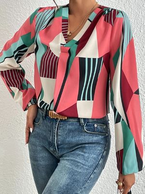 Impressão Geométrica Decal T-Shirt Dacron Manga Longa Top Para Mulheres