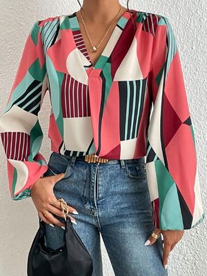 Impressão Geométrica Decal T-Shirt Dacron Manga Longa Top Para Mulheres