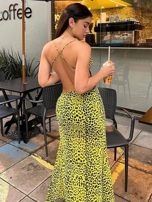Vestido sexy sem traseiro com quadril dividido, moda, atraente, leopardo.