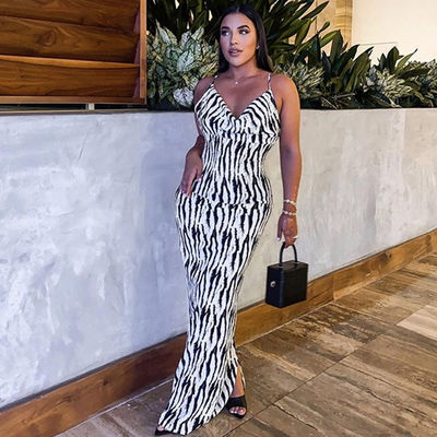 Impressão sexy vestido de senhora elegante Zebra Stripe V Neck Halter vestido