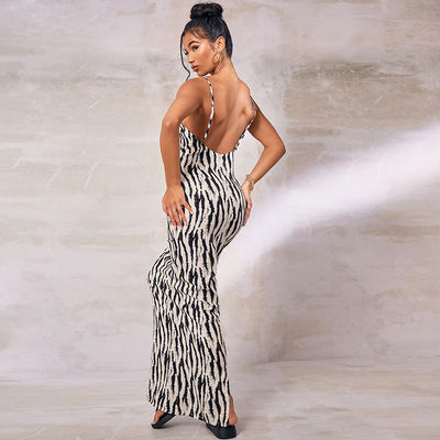 Impressão sexy vestido de senhora elegante Zebra Stripe V Neck Halter vestido