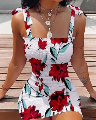 Colar de barco Impressão vestido de pulso cintura superior vestido de bainha floral
