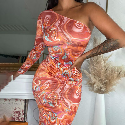 Moda Impressão de Quadril Pacote Vestido diagonal ombro Manga longa Slim Fit Vestido Quadril Wrap