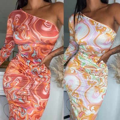 Moda Impressão de Quadril Pacote Vestido diagonal ombro Manga longa Slim Fit Vestido Quadril Wrap
