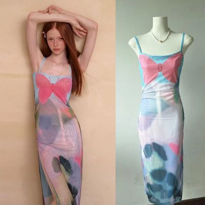 Rosa Azul Flutter Halter vestido francês Slit Slim vestido sexy cintura emagrecimento