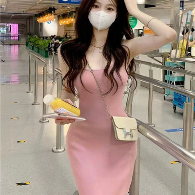 Estilo vestido sexy doce picante Slim Fit rosa top vestido sem mangas