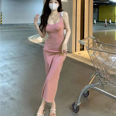 Estilo vestido sexy doce picante Slim Fit rosa top vestido sem mangas