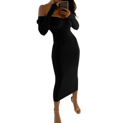 Sexy vestidos de senhoras elegantes V grande pescoço para baixo ombros vestidos de manga longa