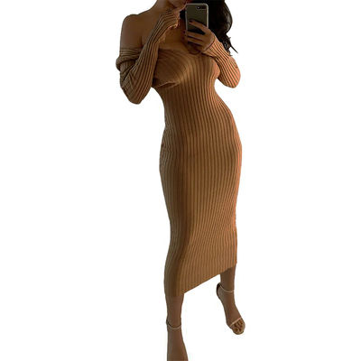 Sexy vestidos de senhoras elegantes V grande pescoço para baixo ombros vestidos de manga longa