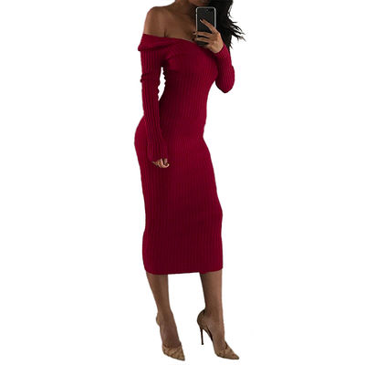 Sexy vestidos de senhoras elegantes V grande pescoço para baixo ombros vestidos de manga longa