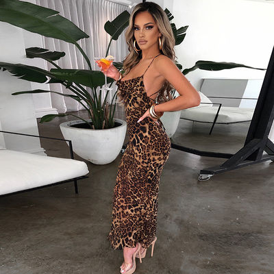Impressão de Leopardo vestido elegante de senhoras sexy sem traseiro Slim Fit vestido MIDI