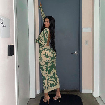 Imprimir Vestidos Estilosos Mulheres Sexy Leakback Vestido com Manga Esguio Fit