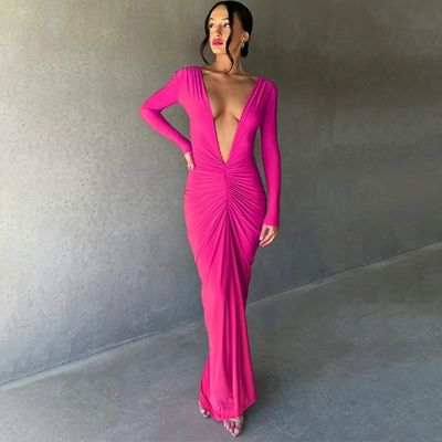 Rosa Vermelho Estilo Vestido Feminino Slim Sexy Grande V Collar Vestido Sem costas Plissos Cor Sólida