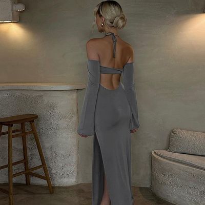 Cor sólida Vestido de senhora elegante Moda Quente Vestido sem traseira Dividido Sem alças