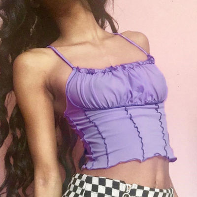 Púrpura Camiseta confortável de senhoras Colete elegante Top de algodão de tanque apertado Borda ondulada plissada
