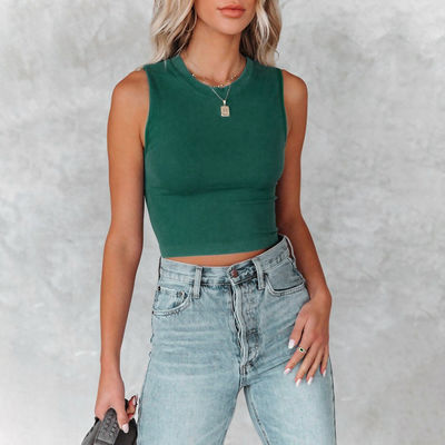 T-shirt feminino sem mangas elegante de cor sólida camisola de pescoço