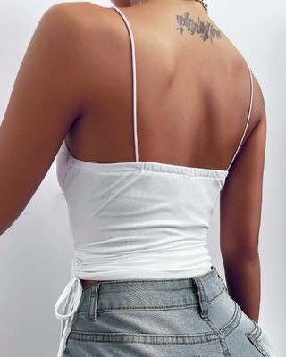 Suspensões brancas apertadas e sexys de cor sólida V pescoço profundo Camisola desenhar corda Casual colete pequeno