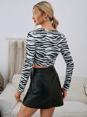 Todas as combinações T-shirt decal V Neck Drawstring mulheres curtas Zebra Impressão camisa de manga longa