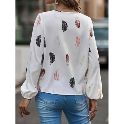 T-shirt de penas de V-Neck Casual Loose Fit Top Manga Longa