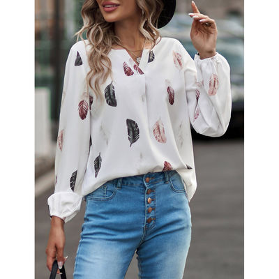 T-shirt de penas de V-Neck Casual Loose Fit Top Manga Longa