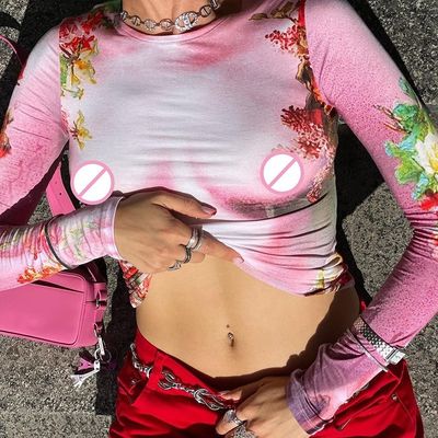 Casual Mulheres Manga Longa T-Shirts Especiarias Impressão Slim Fit Crew Neck Manga Longa Top