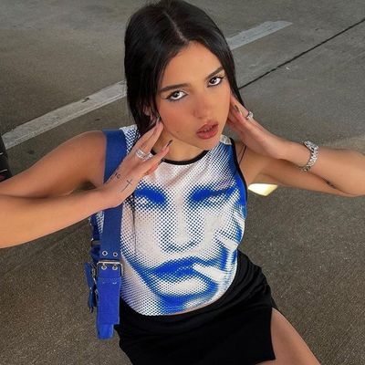Moda Street Photo Decal T-Shirt Impressão Slim Fit Alto pescoço Crop Tank