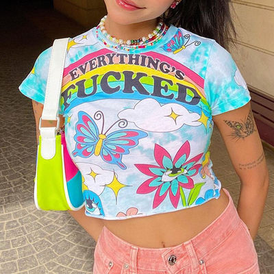 T-shirt de decal de estilo impresso com pescoço fino camisa de manga curta