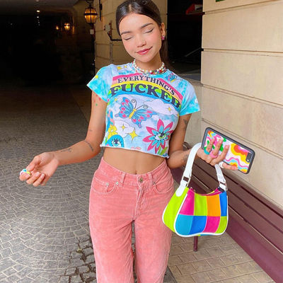 T-shirt de decal de estilo impresso com pescoço fino camisa de manga curta