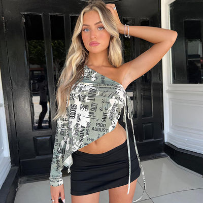 Camiseta Decal Feminina Moda Collar Diagonal Sexy Um Ombro Tops Crop Side Lacing Tops Sexy Crop Print