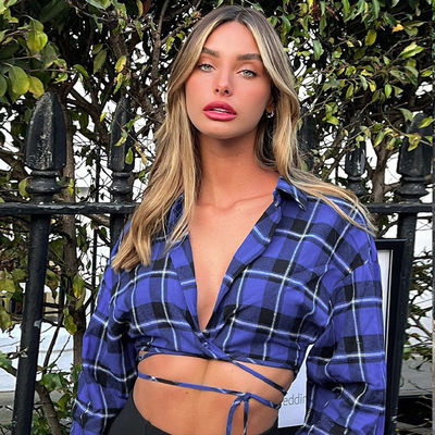 Mulheres sexy com botão para cima T-shirt V pescoço manga longa T-shirt com cintura baixa