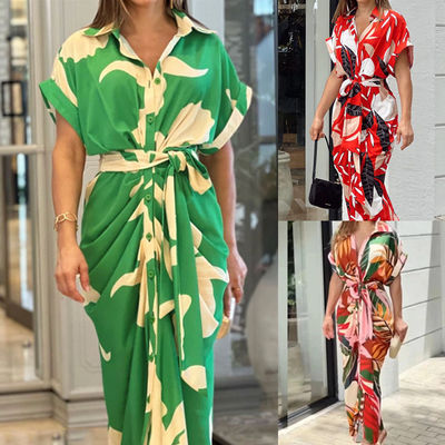 Manga curta Impressão floral vestida de moda vestidos femininos confortáveis Casual sexy Slim Fit