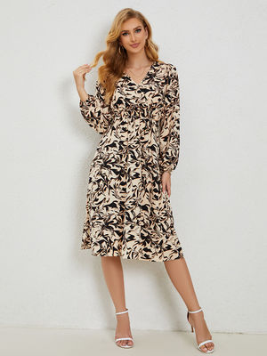 Impressão floral vestida vestida feminina V pescoço vestido floral lanterna manga saia de linha