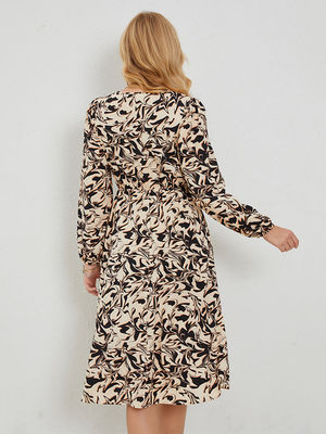 Impressão floral vestida vestida feminina V pescoço vestido floral lanterna manga saia de linha