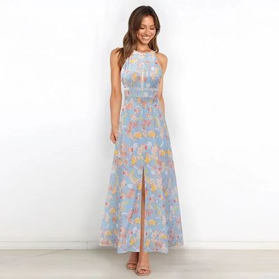 Adulto vestido sem mangas estampado vestido maxi floral elegante