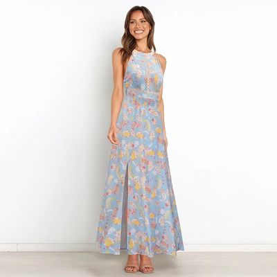 Adulto vestido sem mangas estampado vestido maxi floral elegante