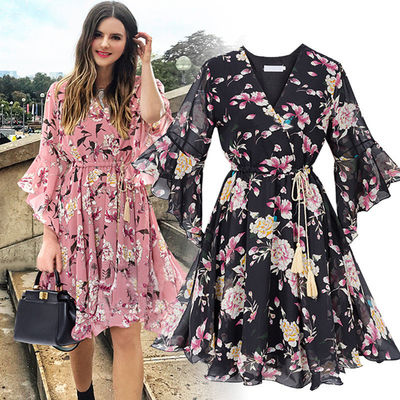 Corta Manga Longa de Joelho V Coluna Flared Manga Rolado Roupa de Chiffon