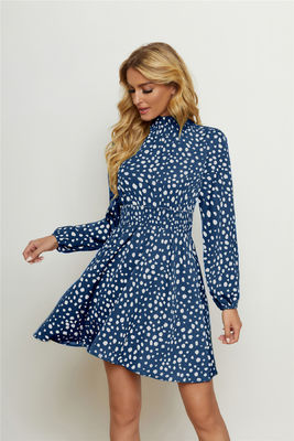 Rondinho de pescoço alto Impressão floral vestida de moda feminina Lanterna Manga longa Vestido floral