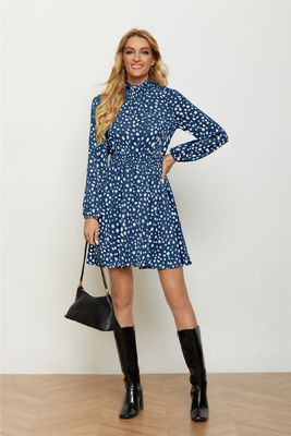 Rondinho de pescoço alto Impressão floral vestida de moda feminina Lanterna Manga longa Vestido floral