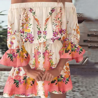 Colarinho de uma linha, comprimento do joelho, vestido impresso, vestido floral sexy, cintura, vestido solto.