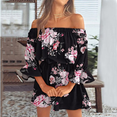 Colarinho de uma linha, comprimento do joelho, vestido impresso, vestido floral sexy, cintura, vestido solto.