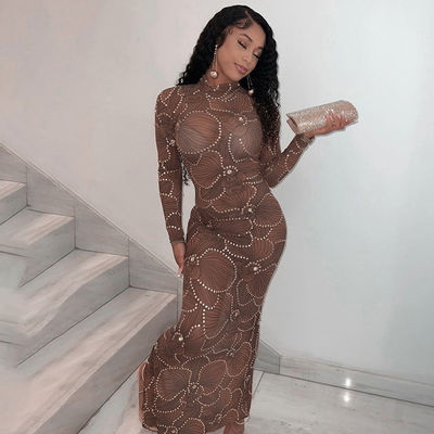 Alta cintura Corpo magro Vestido formal Moda Gauze Veja através do vestido da noite Slim Fit