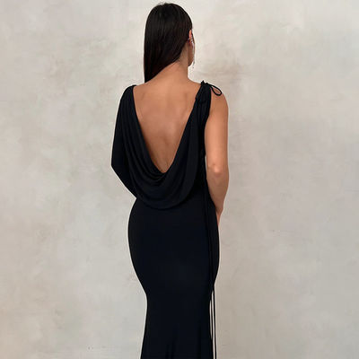 V pescoço vestido de noite magro cor sólida gravata um ombro oco preto vestido de noite sexy