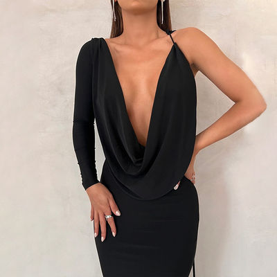 V pescoço vestido de noite magro cor sólida gravata um ombro oco preto vestido de noite sexy