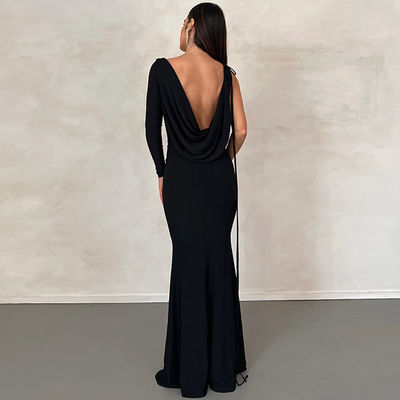 V pescoço vestido de noite magro cor sólida gravata um ombro oco preto vestido de noite sexy