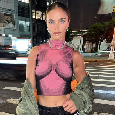 Nova moda de Inverno Descal T-Shirt Slim Fit Impressão Crop Slim Tee Neck Top sem mangas
