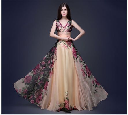 Fantásticos vestidos de noite Slim Fit Elegante vestido floral com ombros